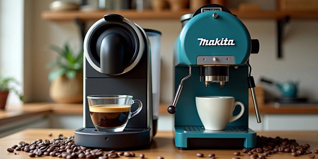 Handpresso und Makita Kaffeemaschinen auf Holztisch